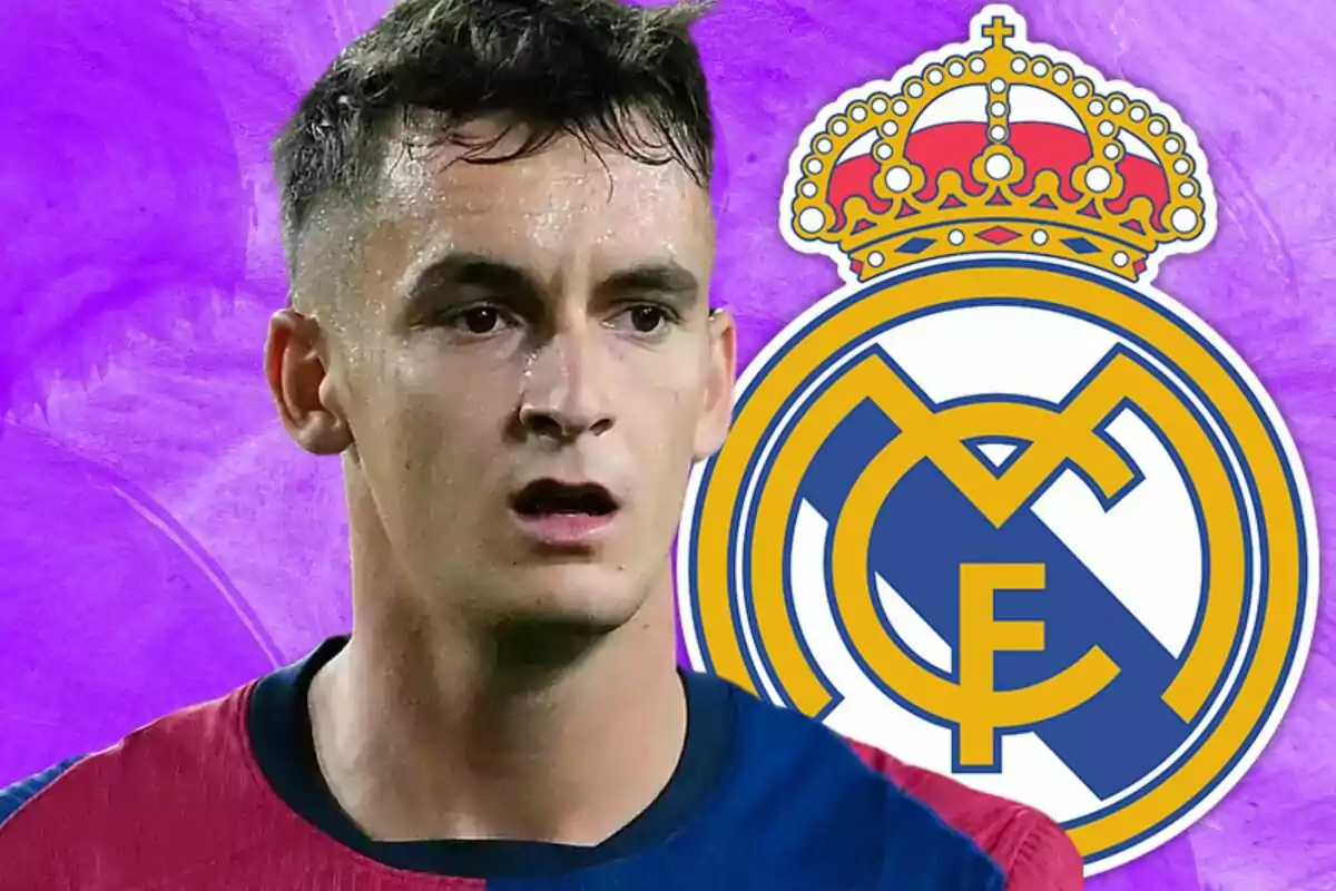 A soccer player in a blue and red jersey appears in front of the Real Madrid crest on a purple background.