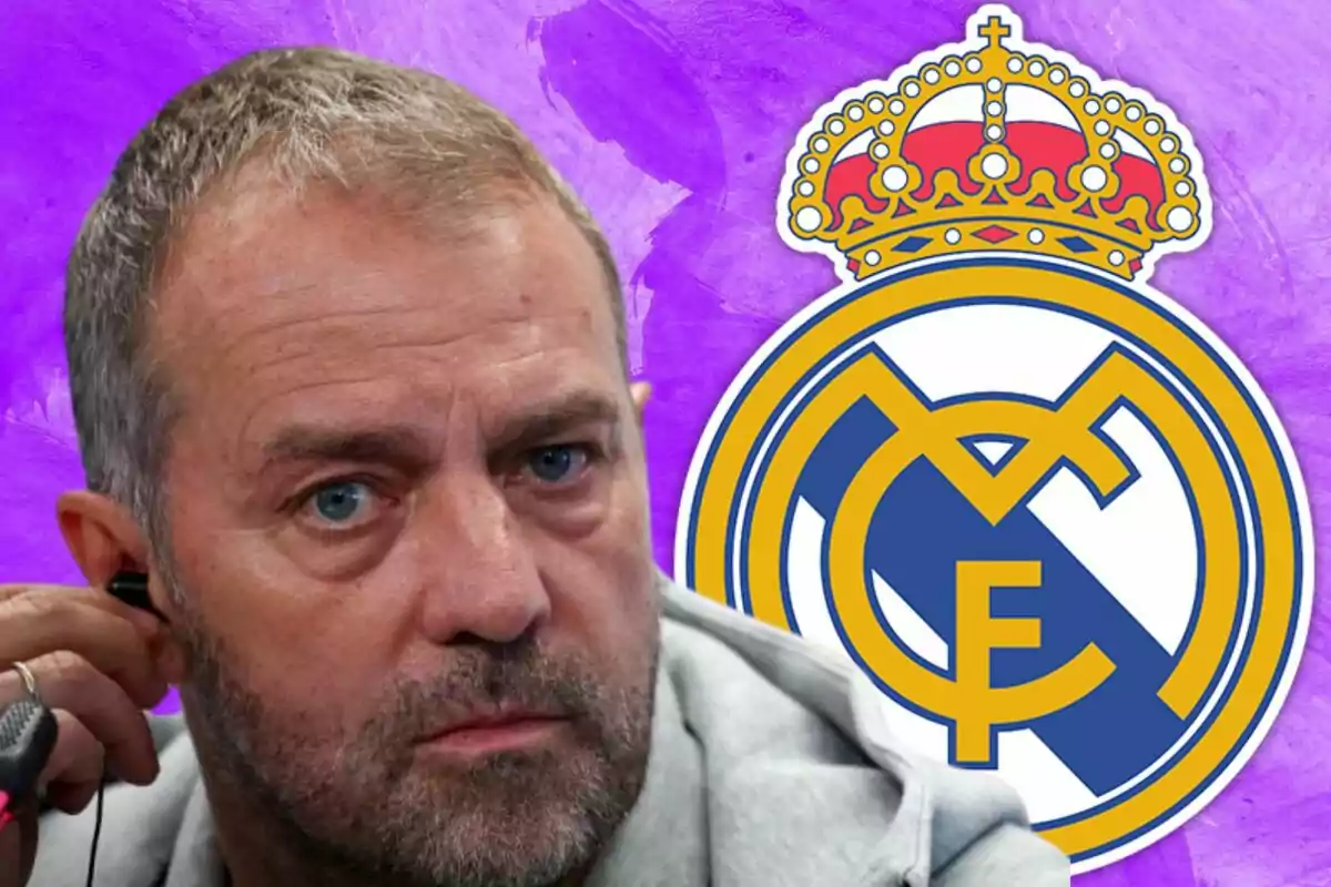 A man with a beard and short hair next to the Real Madrid crest on a purple background.