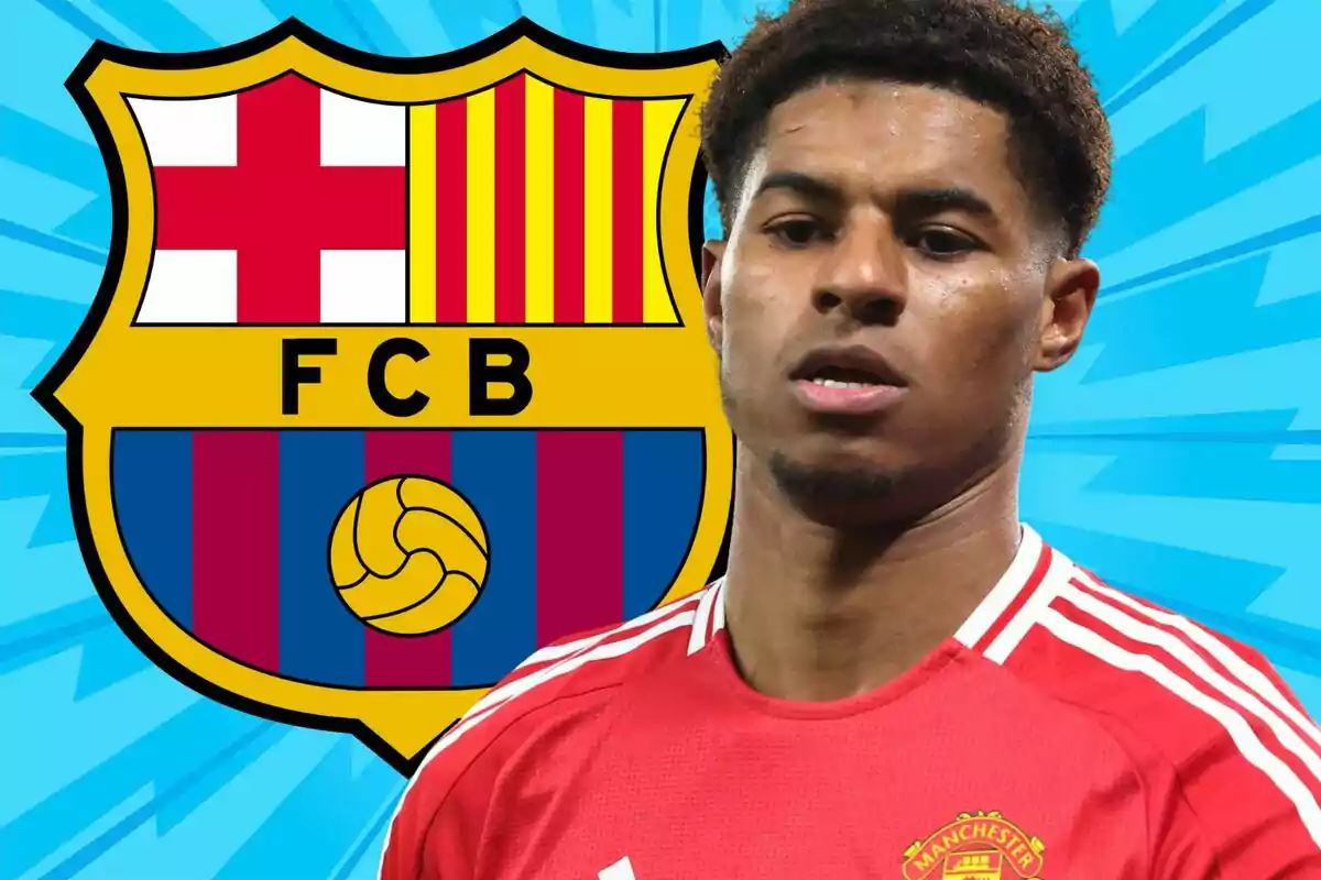 Football player in a red jersey in front of the FC Barcelona crest.