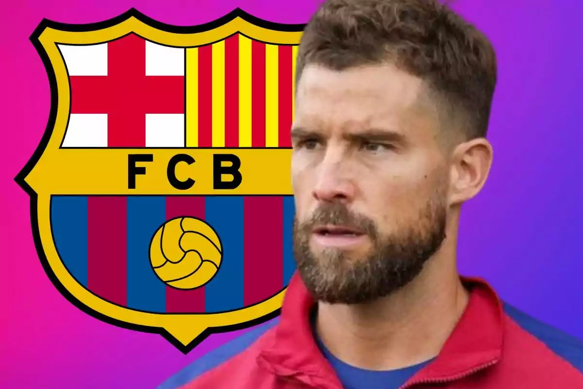 A man with a beard and short hair in front of the FC Barcelona crest on a gradient background.