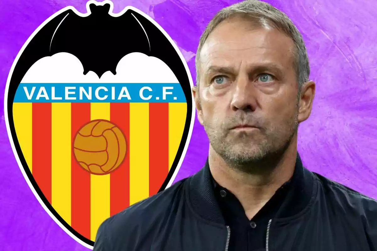 A man with a serious expression in front of the Valencia C.F. crest on a purple background.