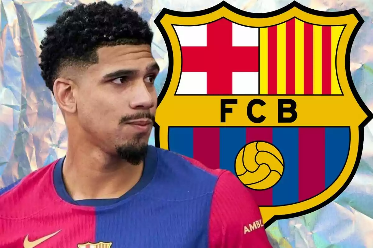 A football player wearing an FC Barcelona jersey appears next to the club's crest on a colourful background.