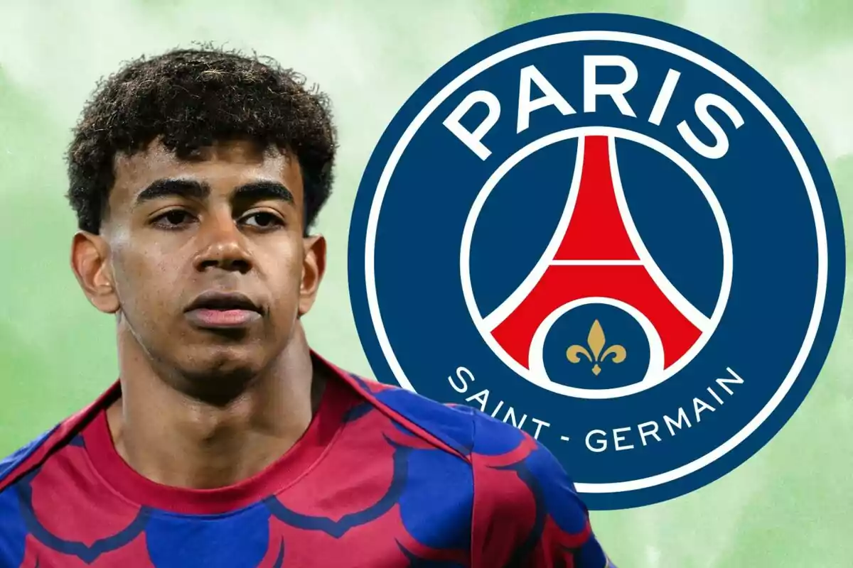 Young footballer in a colourful jersey in front of the Paris Saint-Germain logo.