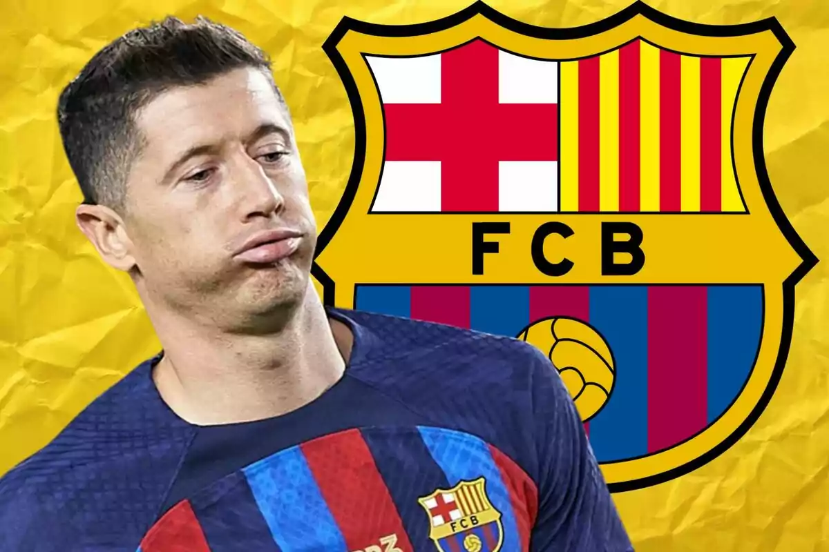 A soccer player wearing an FC Barcelona jersey in front of the club's crest on a yellow background.