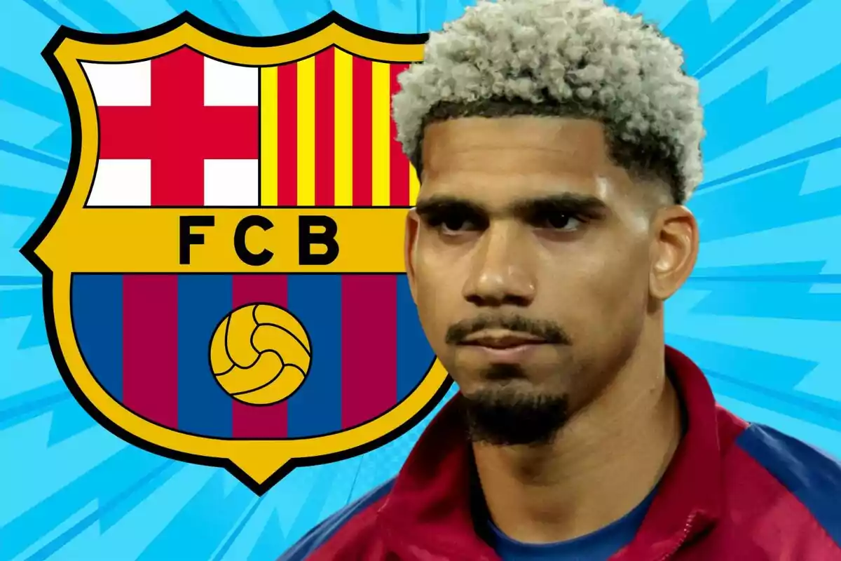 A soccer player with the FC Barcelona crest in the background.