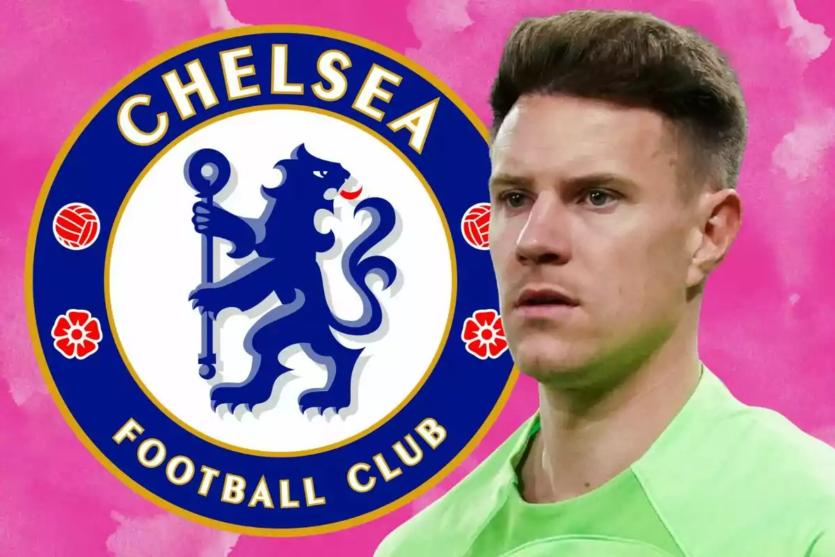 A soccer player with the Chelsea FC logo on a pink background.