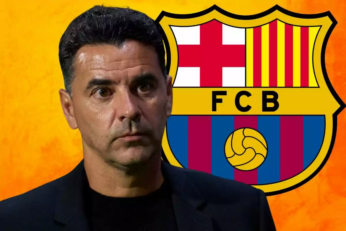 A man with a serious expression in front of the FC Barcelona crest on an orange background.