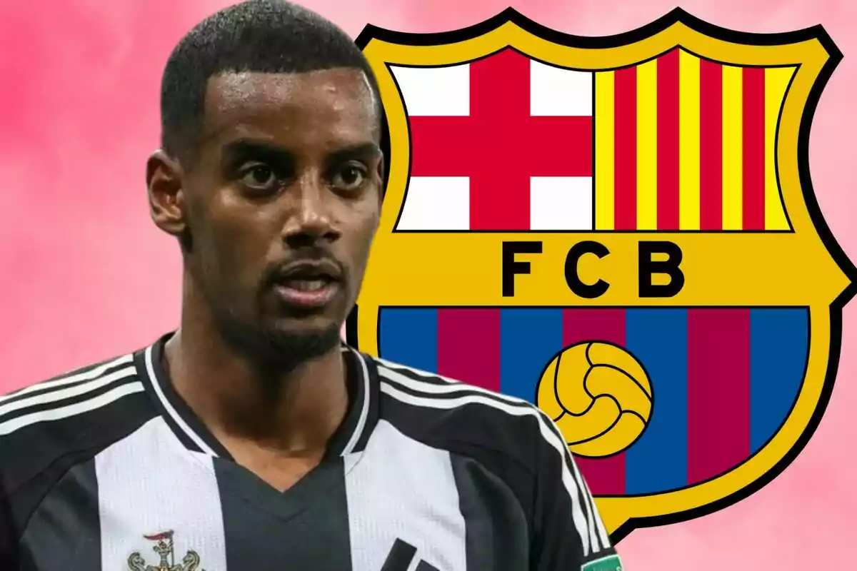 A soccer player in a black and white uniform in front of the FC Barcelona crest on a pink background.