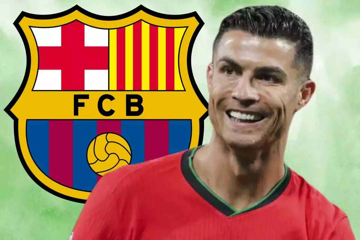 A smiling soccer player with the FC Barcelona crest in the background.