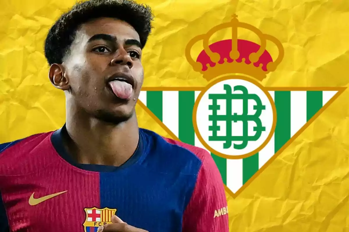 Un jugador de fútbol con la camiseta del FC Barcelona saca la lengua frente al escudo del Real Betis sobre un fondo amarillo.