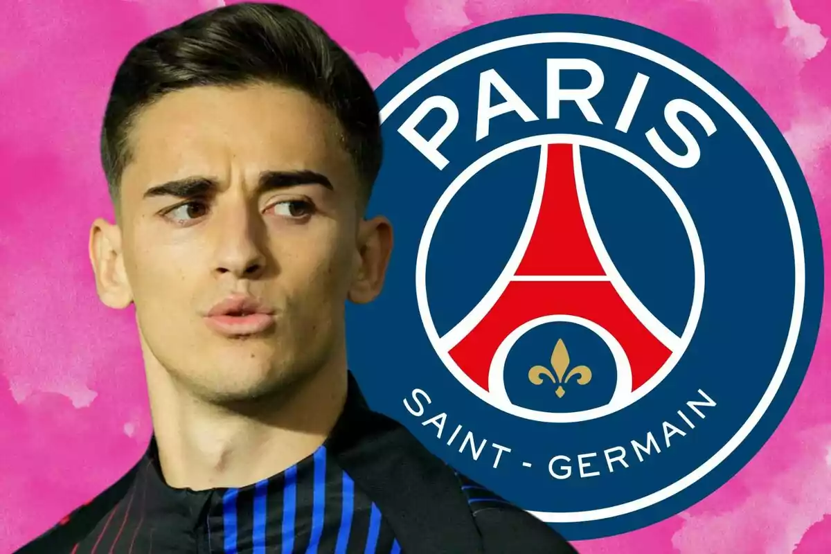 A man with a serious expression in front of the Paris Saint-Germain logo on a pink background.