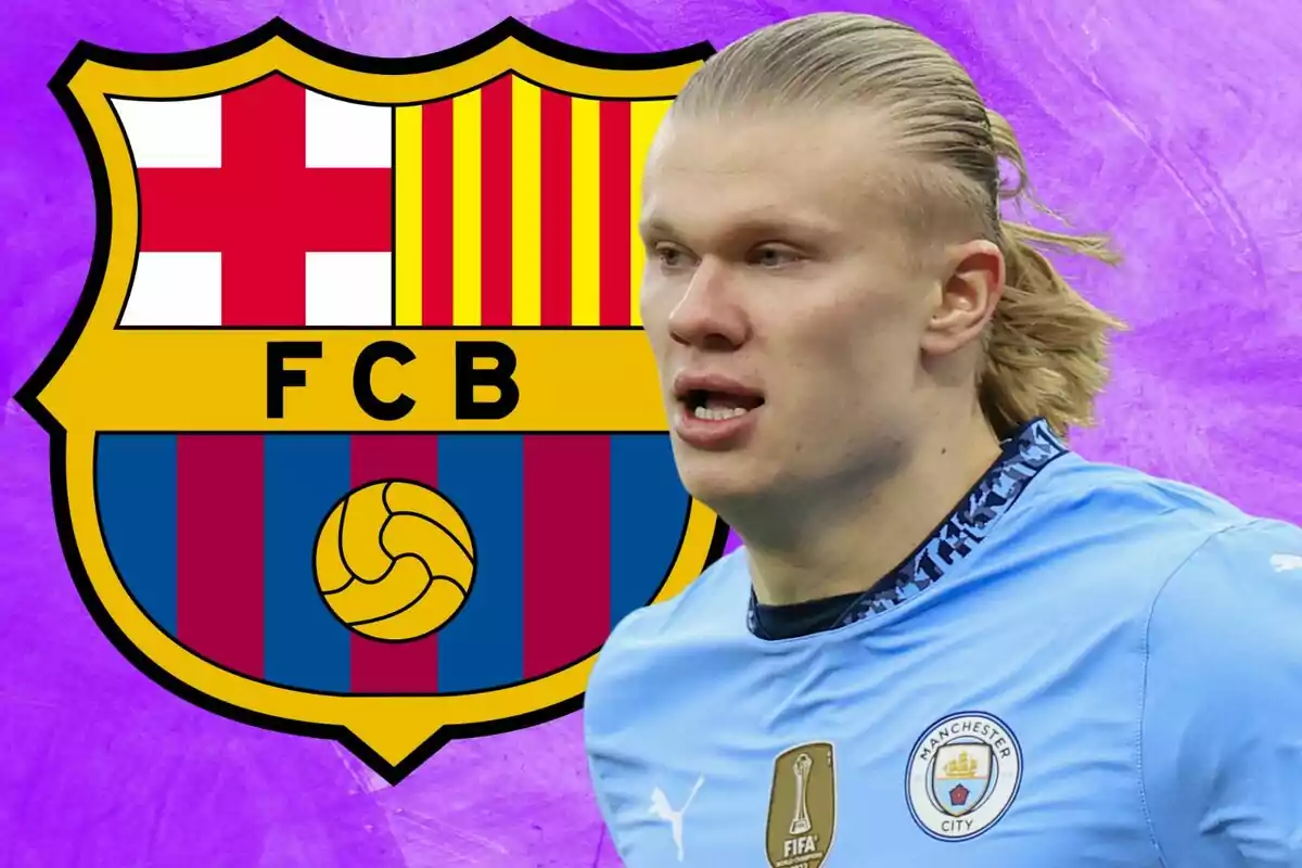 A soccer player in a light blue jersey in front of the FC Barcelona crest on a purple background.