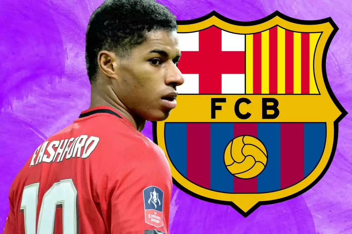 A soccer player in a red jersey appears next to the FC Barcelona crest on a purple background.