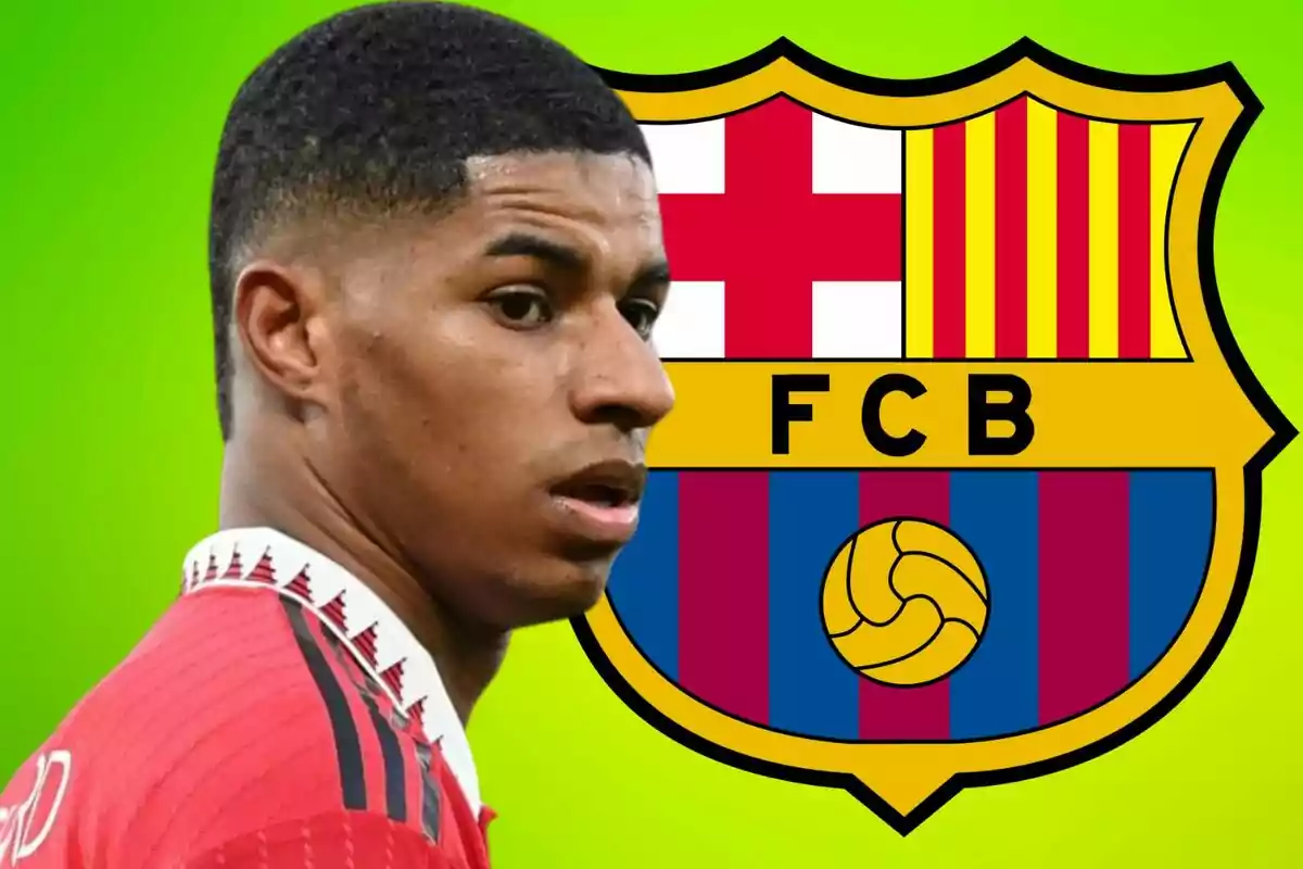 A football player in a red jersey appears in front of the FC Barcelona crest on a green background.