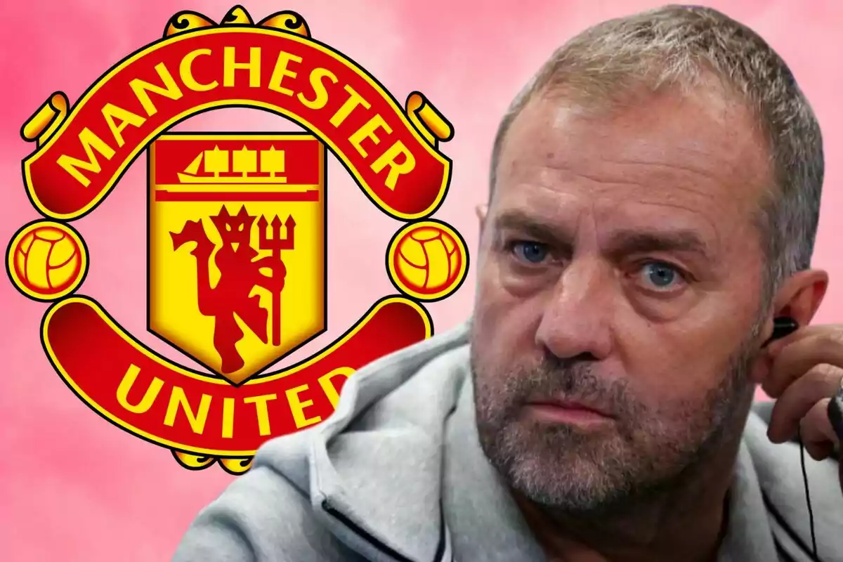 A man with a beard and short hair in front of the Manchester United logo on a pink background.