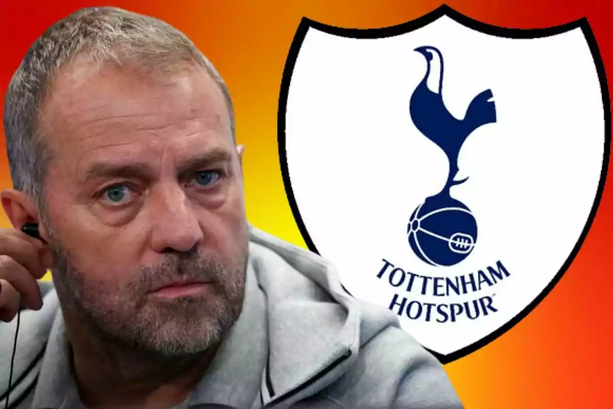 A man with a beard and short hair in front of the Tottenham Hotspur logo on an orange to red gradient background.