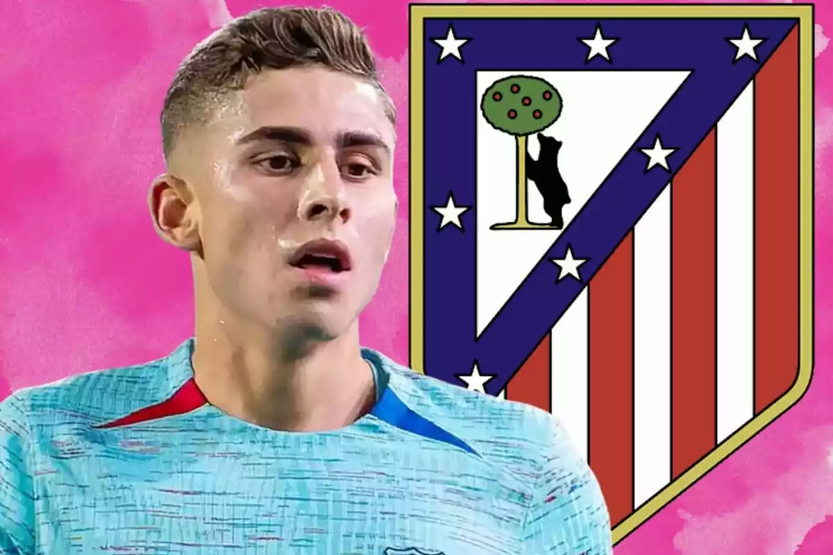 A football player in a light blue jersey stands in front of a pink background, next to the Atlético de Madrid crest.