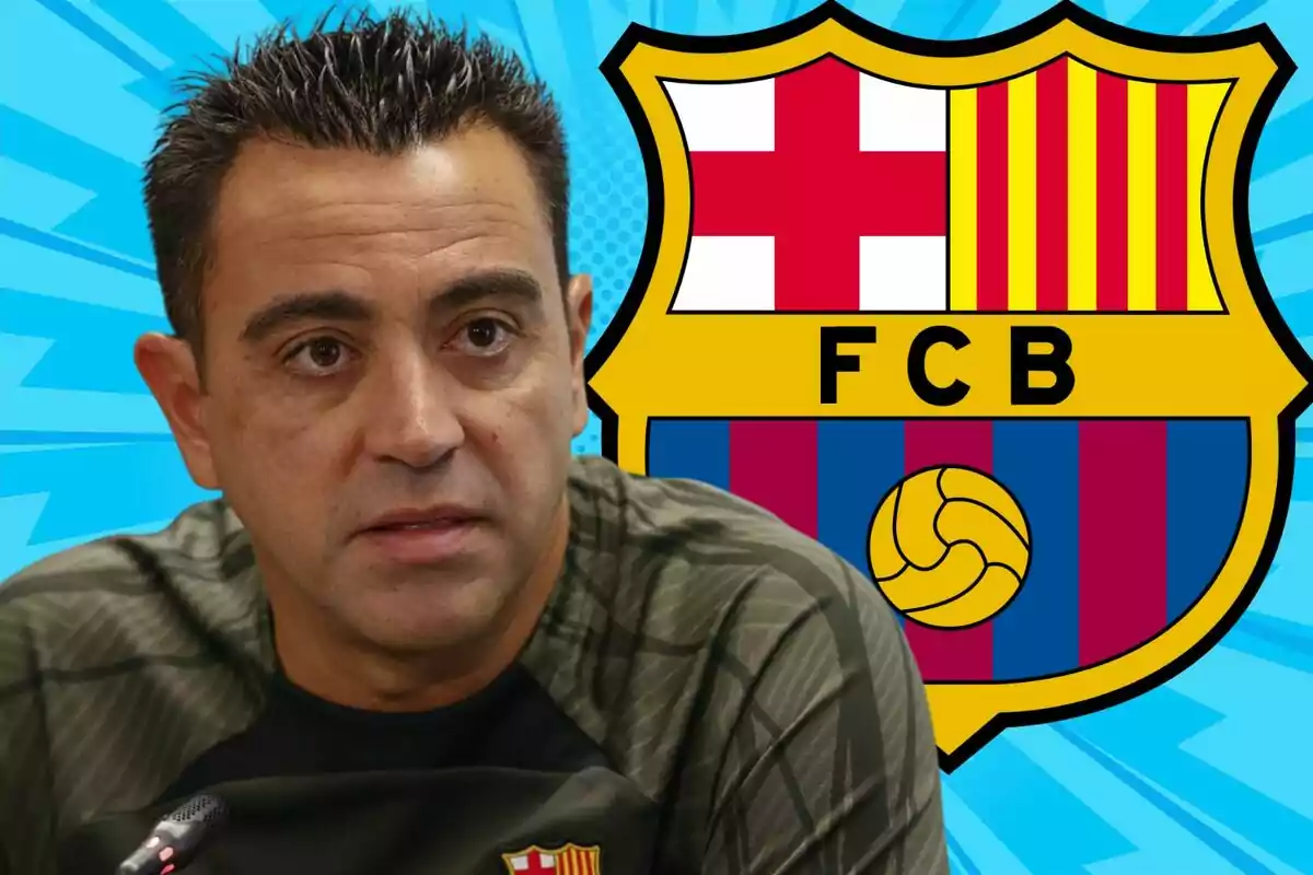 A man in a dark jersey in front of the FC Barcelona crest on a blue background.