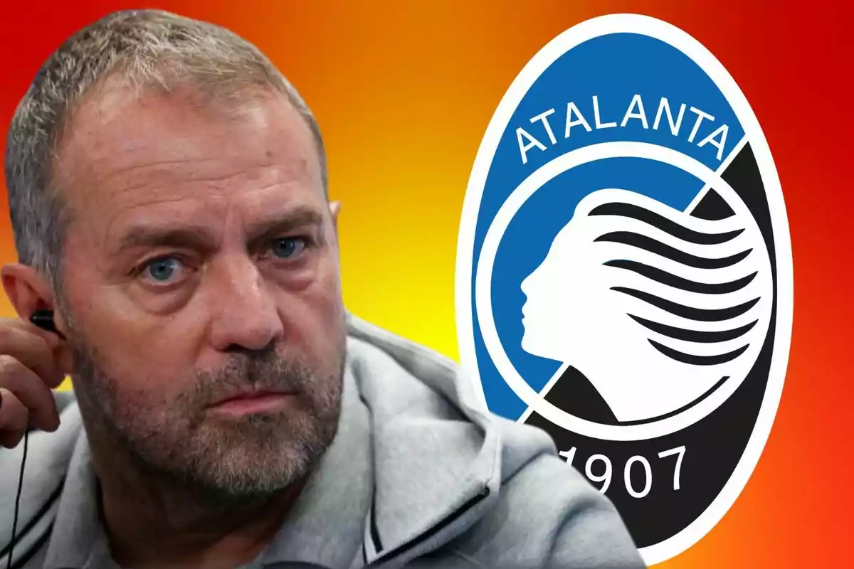 A man with a beard and short hair looks forward while adjusting a headset, in the background the Atalanta team logo is seen against a gradient background from orange to red.