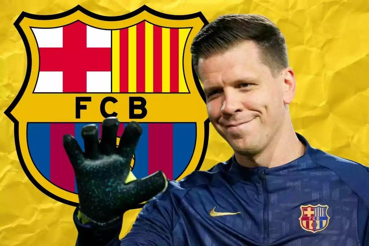 A player in an FC Barcelona uniform raises his hand in front of the club's crest against a yellow background.