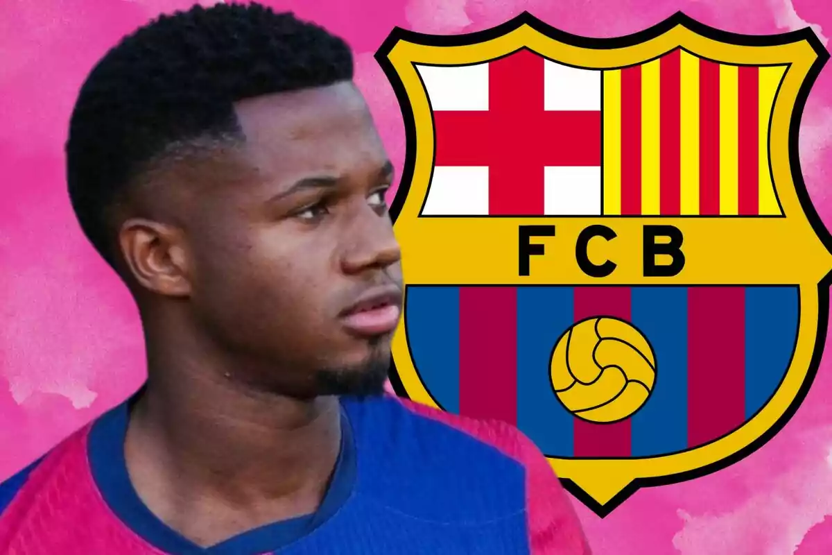 A player wearing a blue and red jersey is in front of the FC Barcelona crest on a pink background.