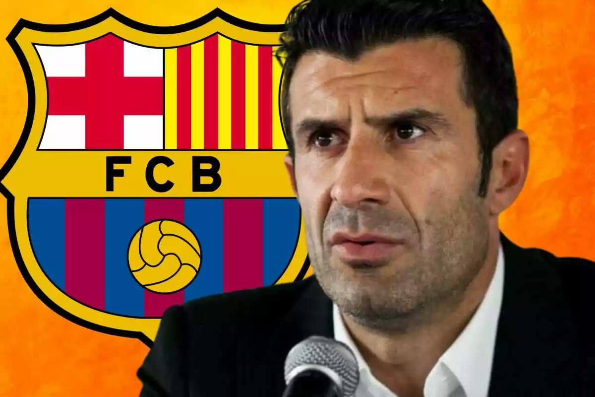 A man speaking in front of a microphone with the FC Barcelona crest in the background.