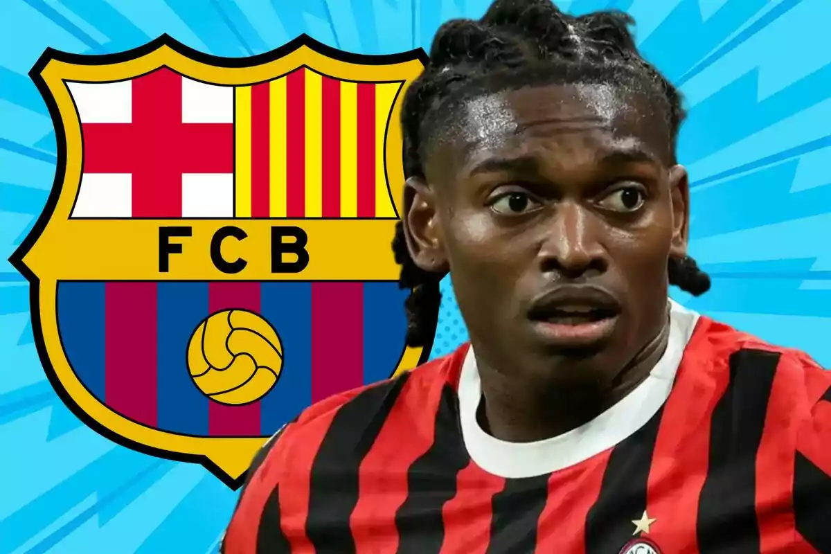 A player in a red and black striped jersey appears in front of the FC Barcelona crest on a blue background.