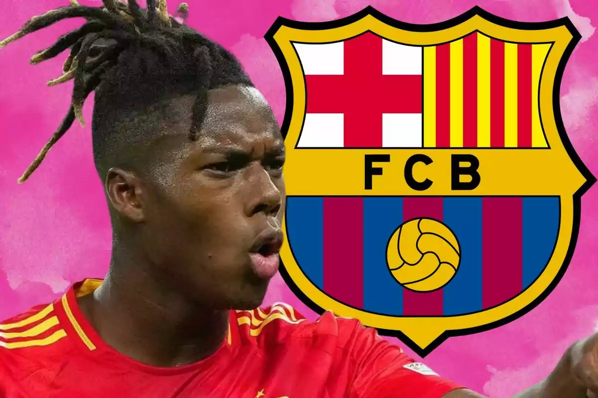 Soccer player with a red jersey in front of the FC Barcelona crest on a pink background.