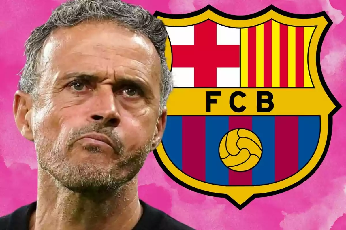 A man with a serious expression in front of the FC Barcelona crest against a pink background.