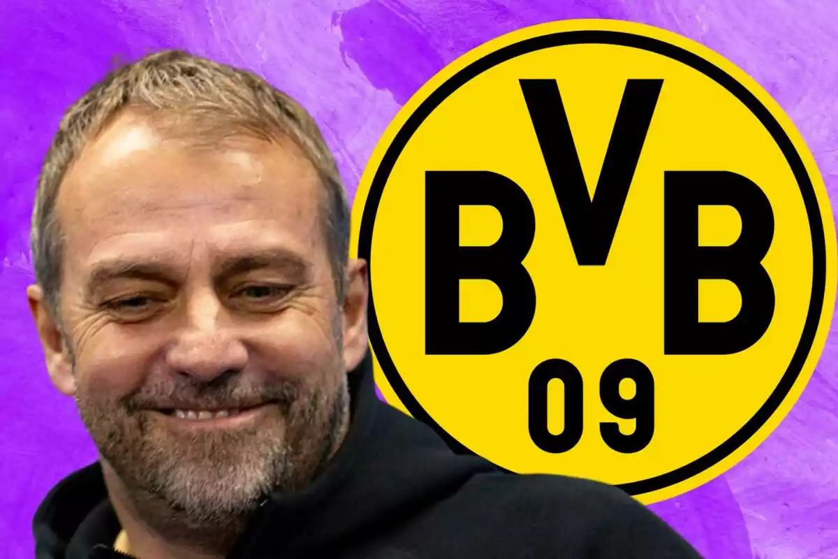 Un hombre sonriente con barba y cabello corto frente a un fondo morado, junto al logo amarillo y negro del Borussia Dortmund.