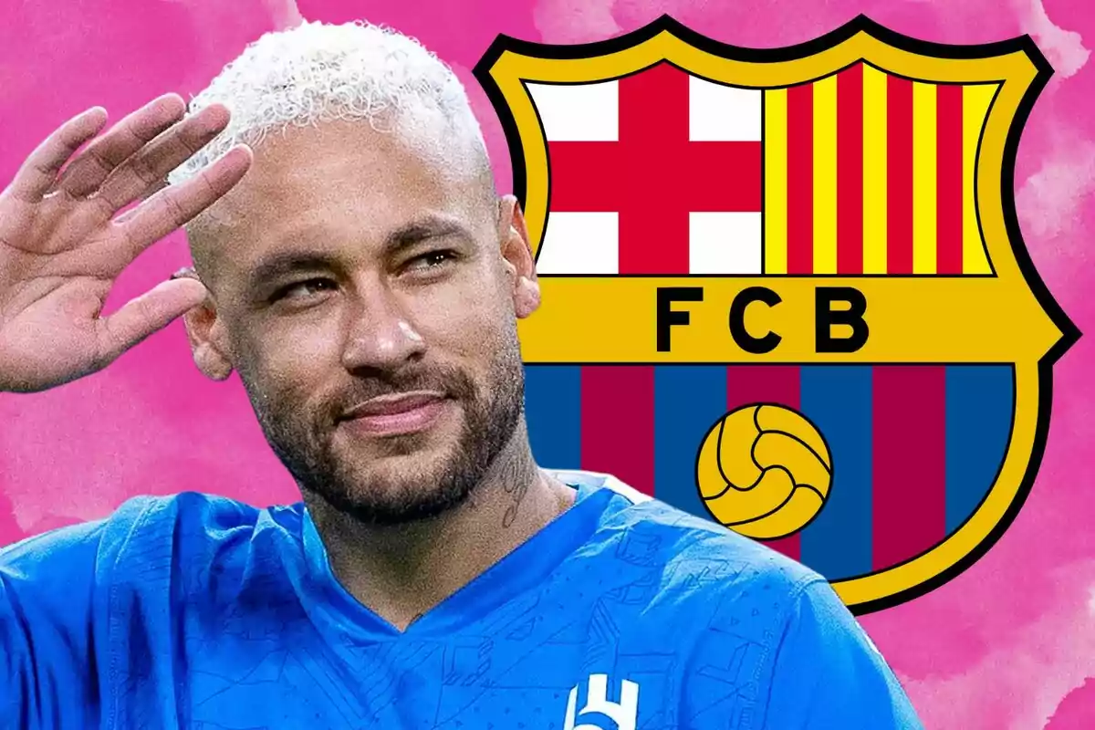 A player with platinum blonde hair waves in front of the FC Barcelona crest against a pink background.