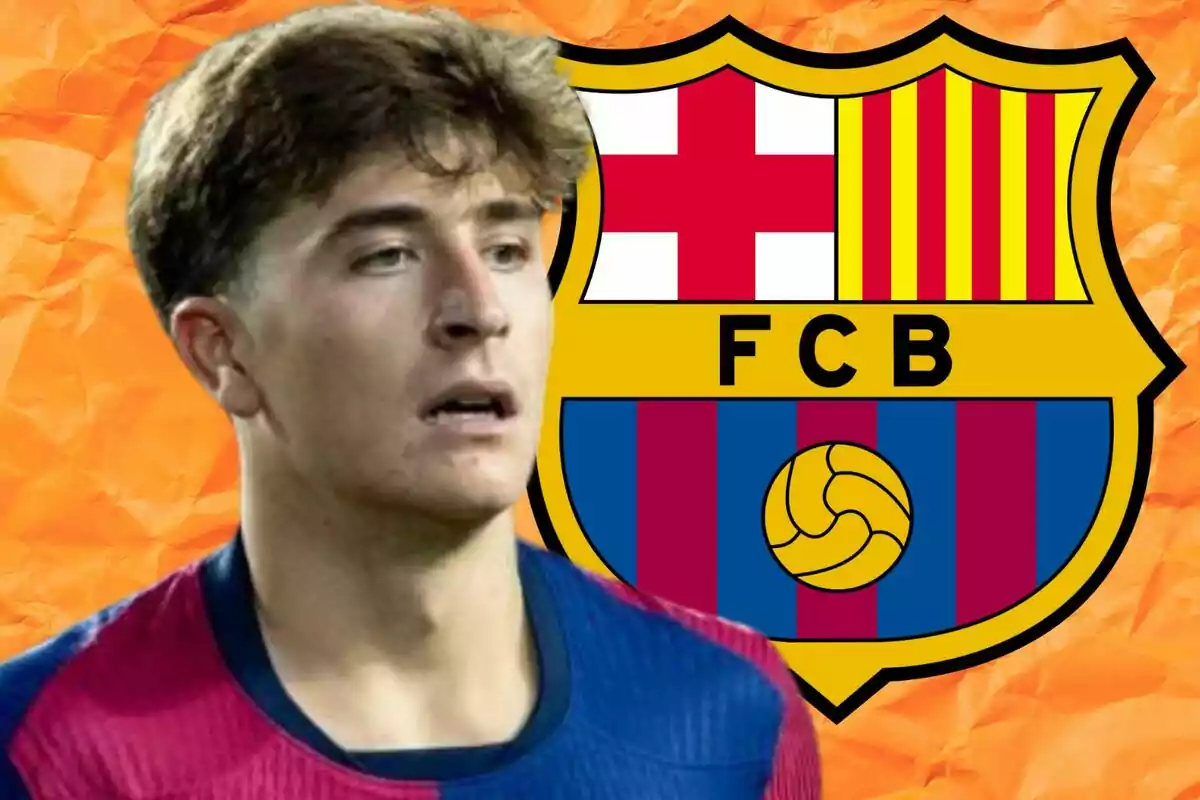 A player in a blue and red jersey in front of the FC Barcelona crest on an orange background.