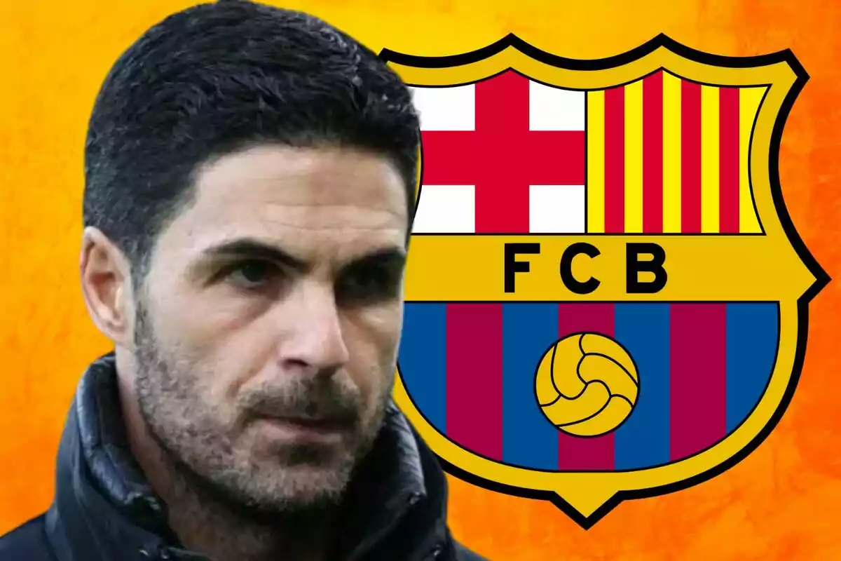 A man with a beard and dark hair in front of the FC Barcelona crest on an orange background.