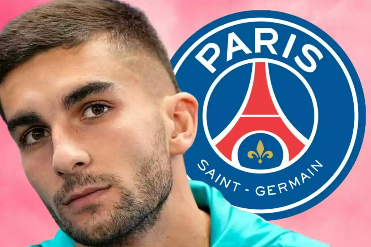 A man with a beard and short hair appears next to the Paris Saint-Germain logo on a pink background.