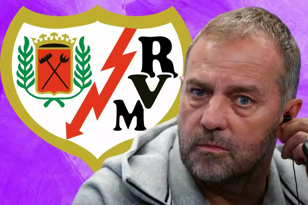 A man with a beard and short hair, wearing headphones, appears next to the Rayo Vallecano crest on a purple background.