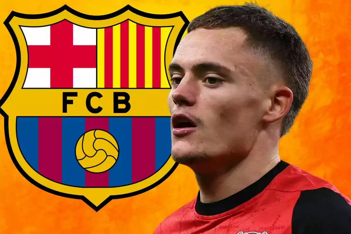 A player in a red jersey appears in front of the FC Barcelona crest against an orange background.