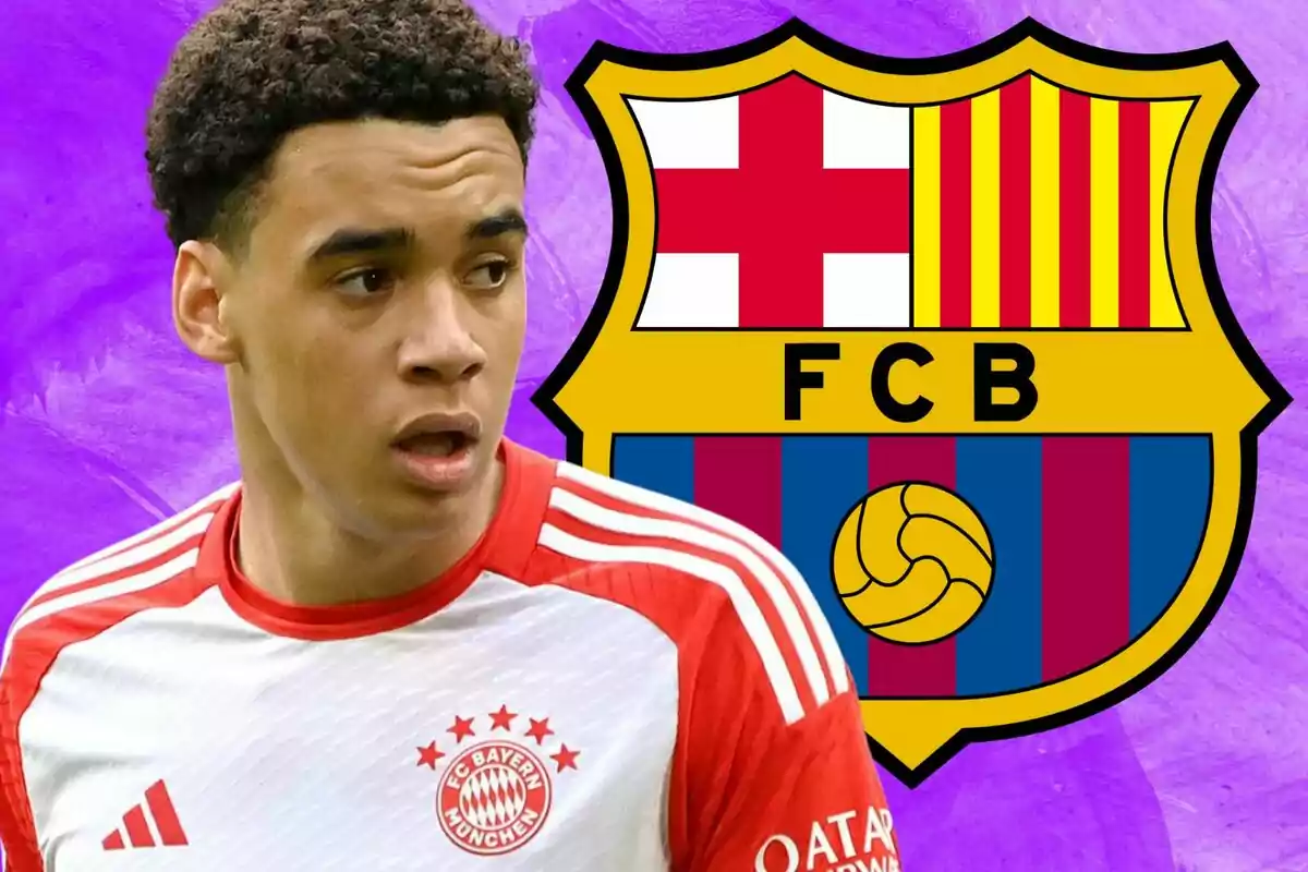 A player wearing the Bayern Munich jersey appears in front of the FC Barcelona crest against a purple background.