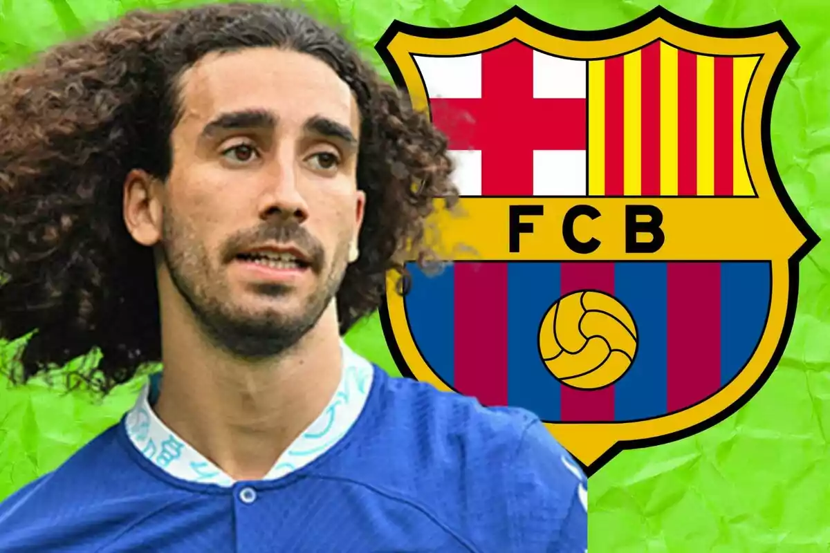 A player with curly hair wears a blue jersey, with the FC Barcelona crest in the background against a green backdrop.