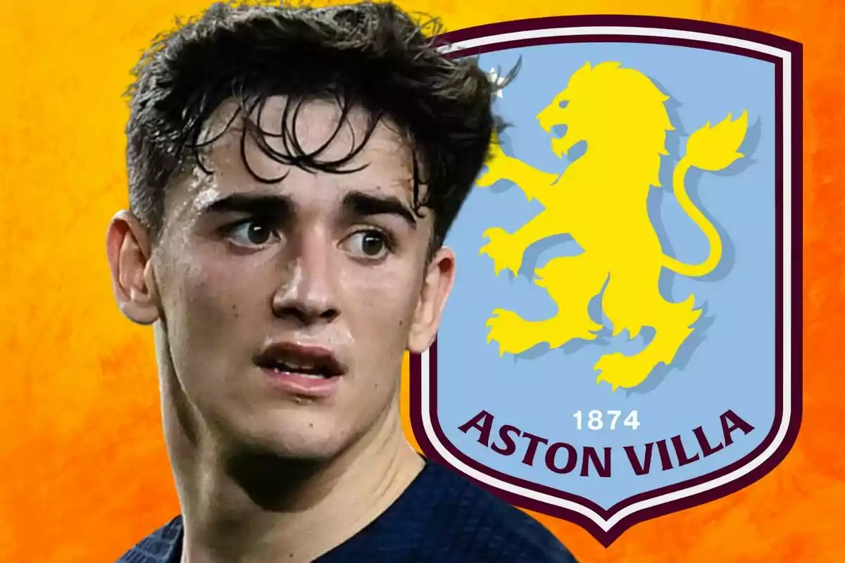 Un joven futbolista con el escudo del Aston Villa de fondo.