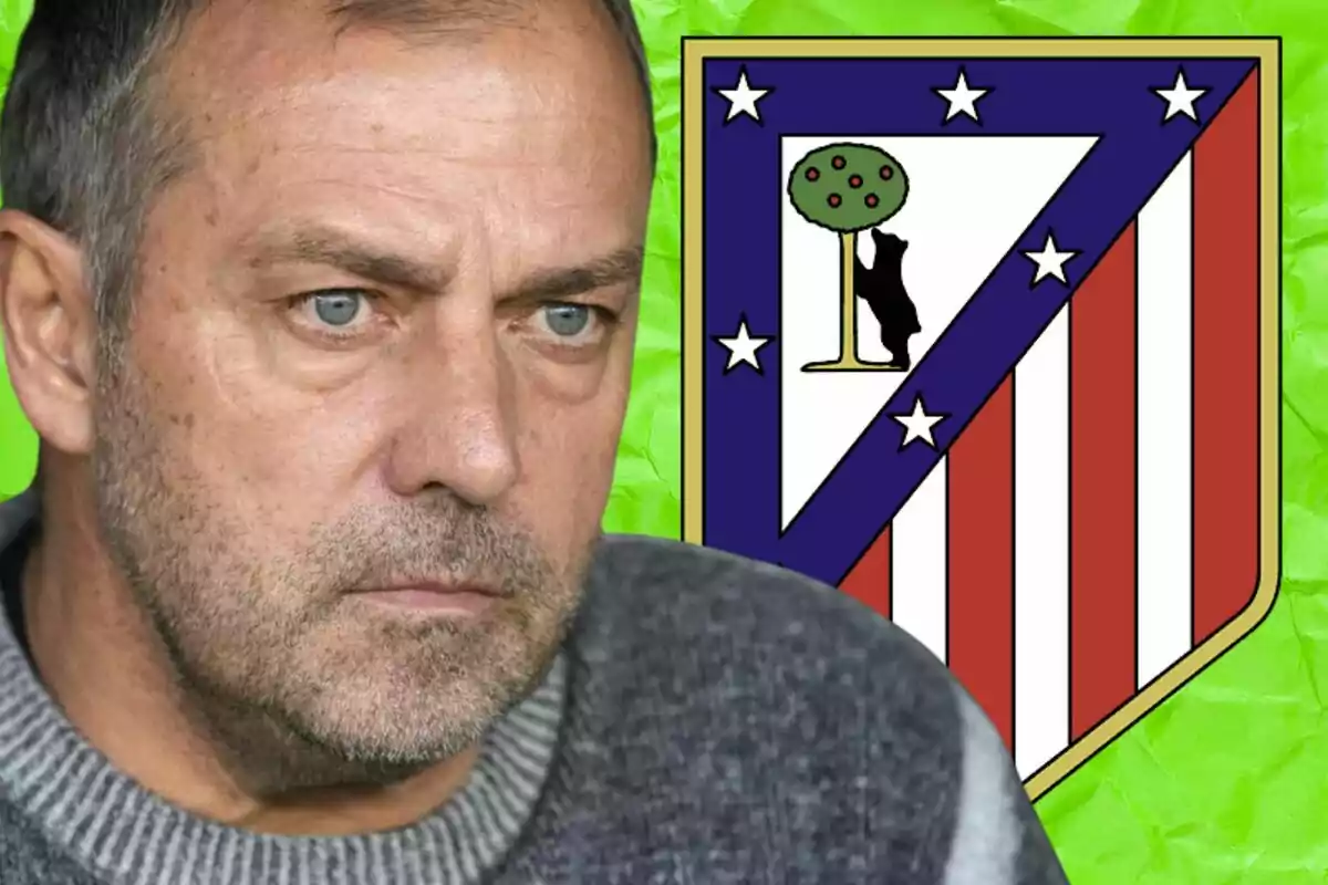 A man with a serious expression in front of the Atlético de Madrid crest against a green background.