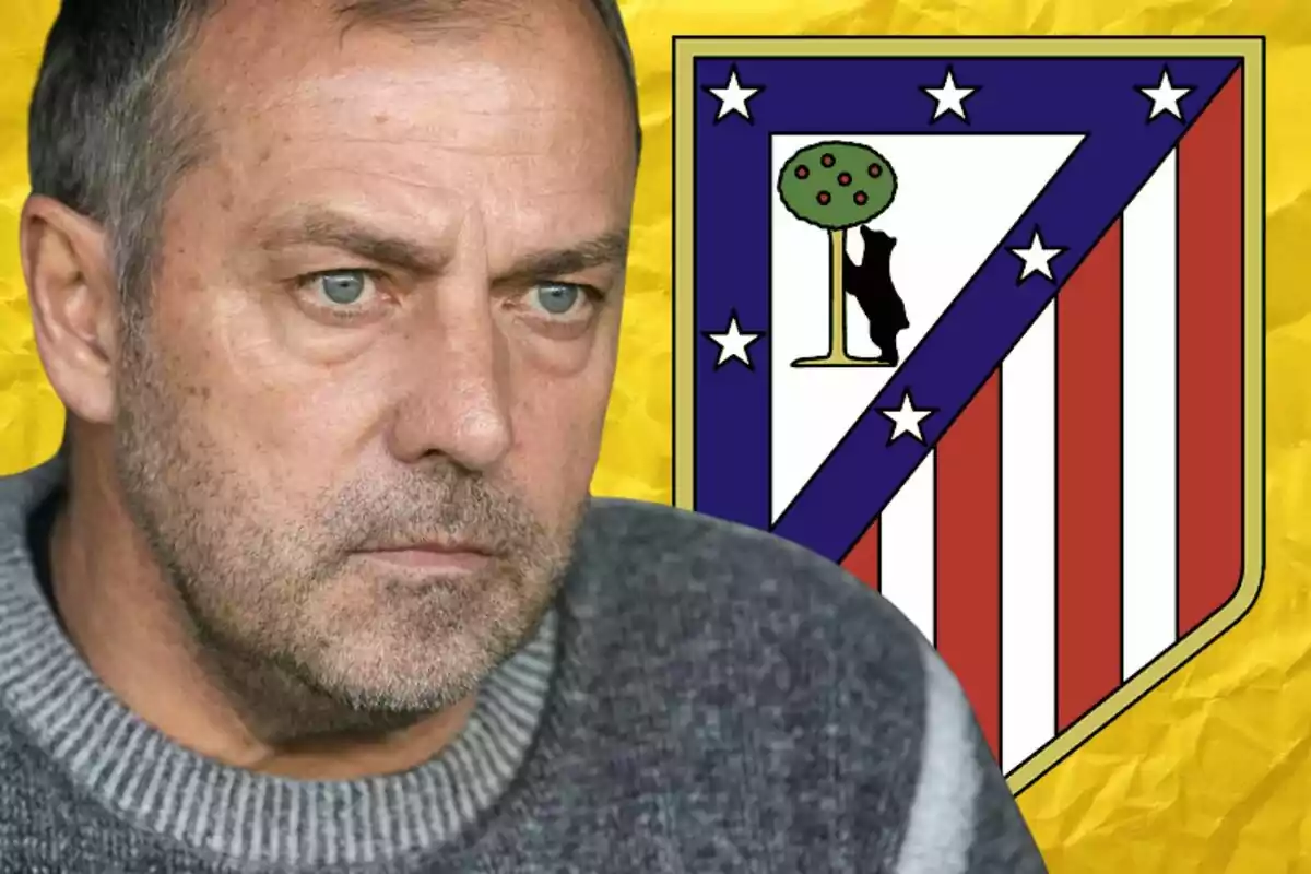 A man with a serious expression in front of an Atlético de Madrid crest on a yellow background.