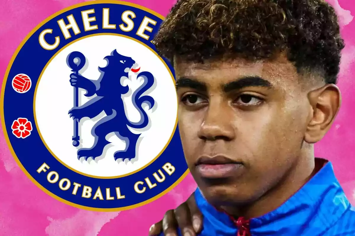 A young man in a blue jacket next to the Chelsea Football Club logo on a pink background.