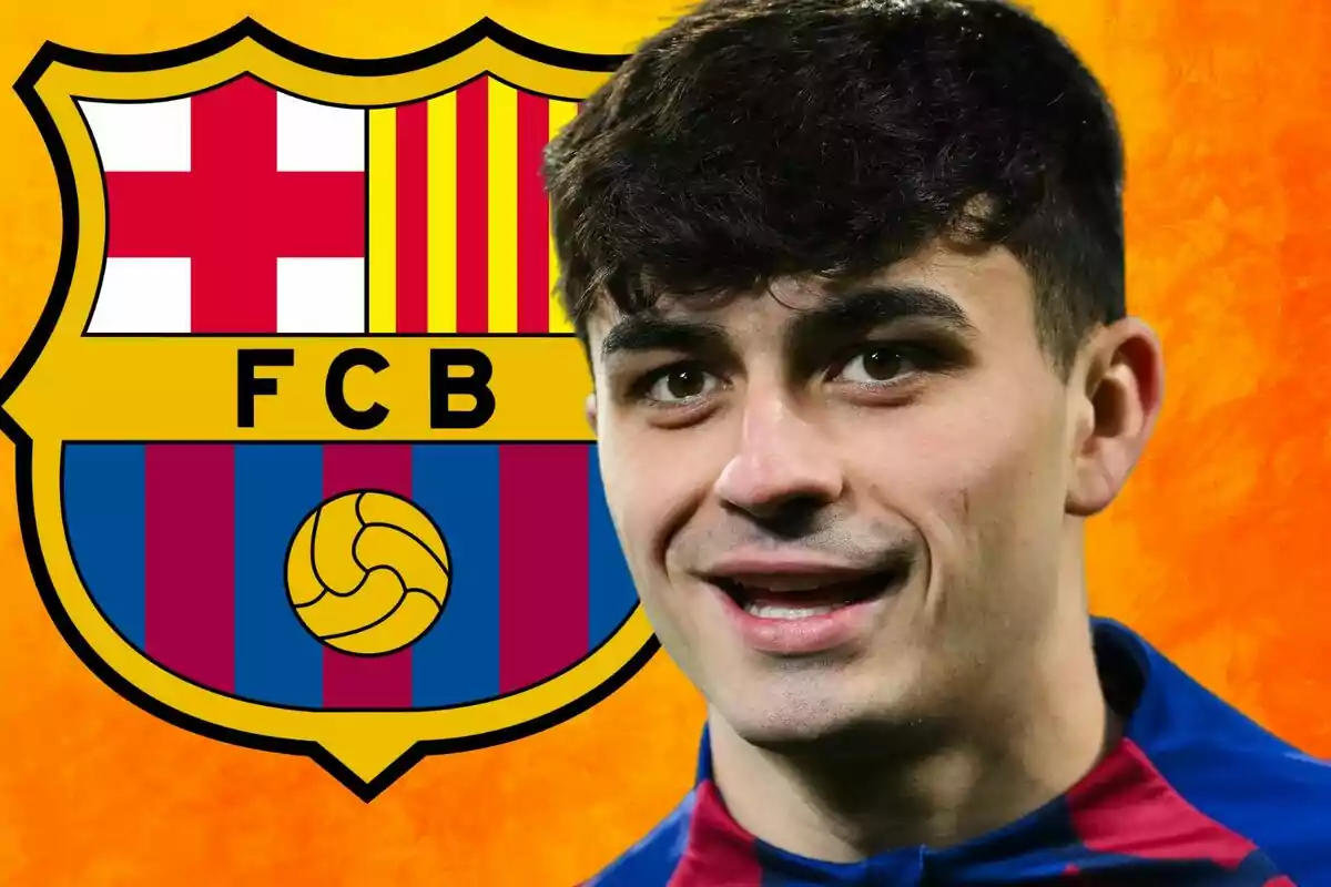 A player with the FC Barcelona crest in the background against an orange backdrop.