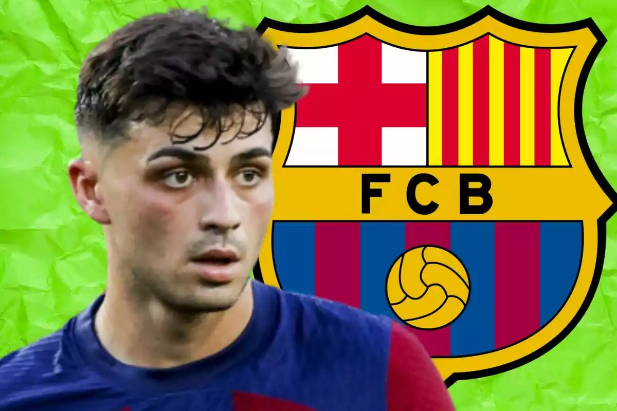 A player with the FC Barcelona crest in the background on a green backdrop.