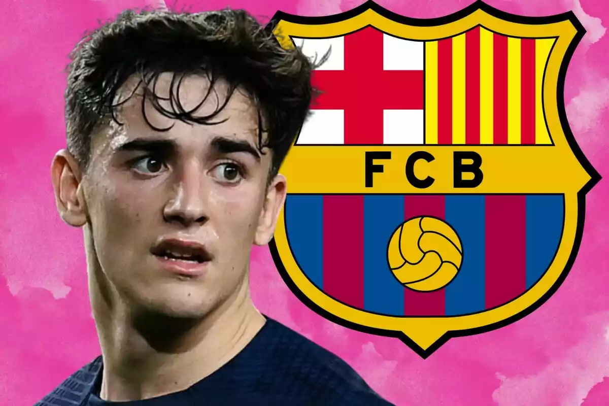 A player with the FC Barcelona crest in the background on a pink background.