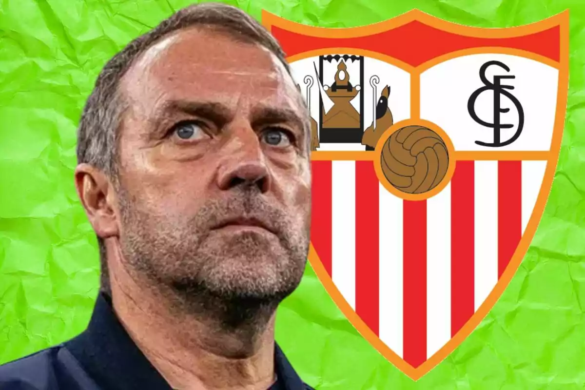 A man with a serious expression is in front of the Sevilla FC crest against a green background.