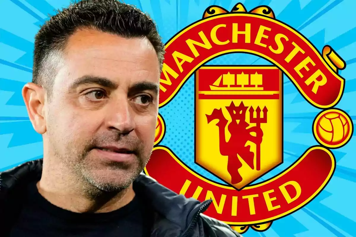 A man with dark hair in front of the Manchester United logo on a blue background.