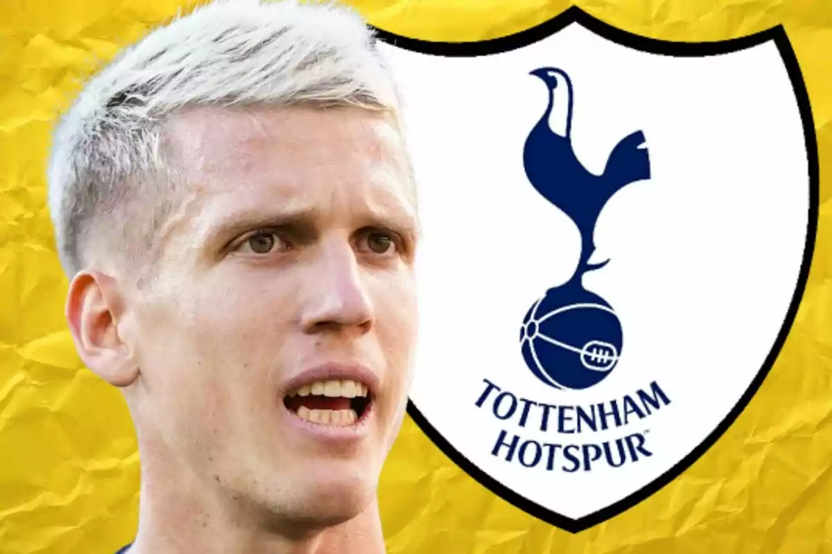 A player with blonde hair appears in front of the Tottenham Hotspur crest against a yellow background.