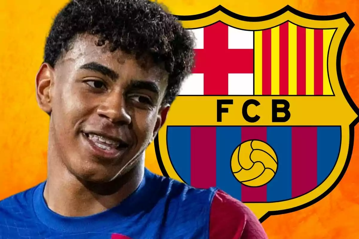 A player wearing the FC Barcelona jersey smiles in front of the club's crest against an orange background.