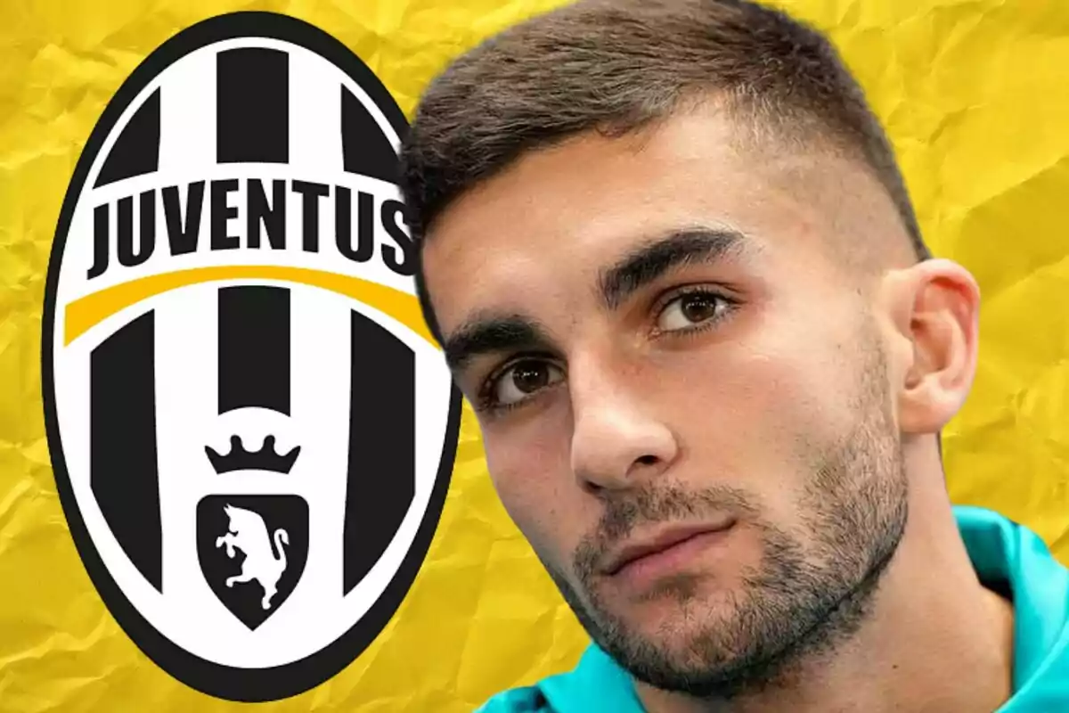 A man with a beard and short hair in front of the Juventus football team logo on a yellow background.